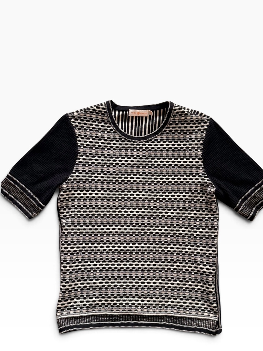 Tory Burch Black Ivory Geometric Knit Short Sleeve Sweater Top Size Small